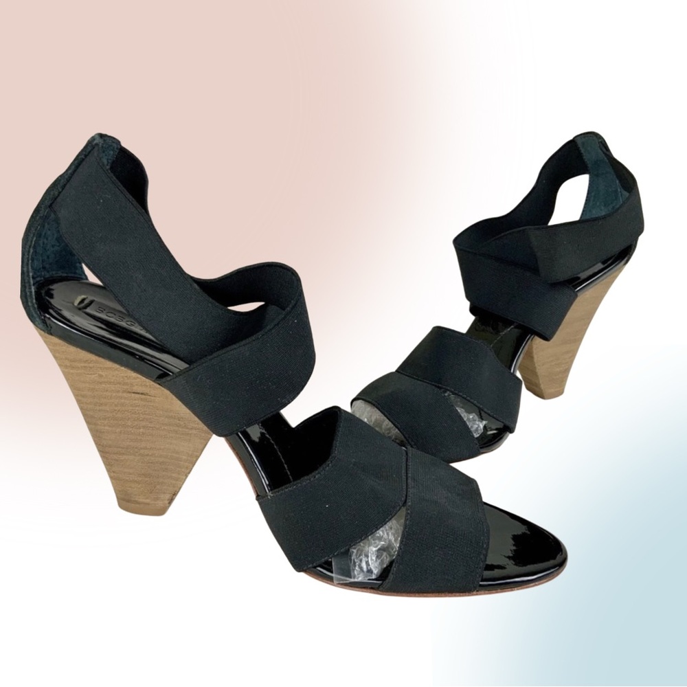 BCBG MAXAZRIA Black Leather & Elastic Strappy Sandals with Stacked Heel - Picture 5 of 12